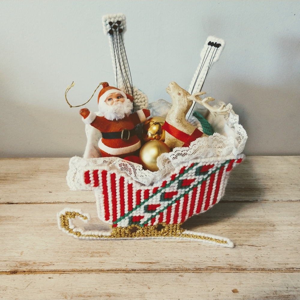 Vintage Santa Diorama Assemblage Ornament Bulbs Cross Stitch Decor